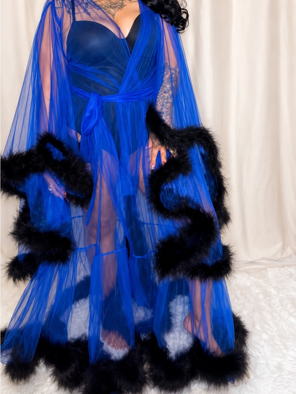 Royal Blue Black Feather Trim Sheer Mesh Robe Boudoir Lingerie Cover Up Osfm